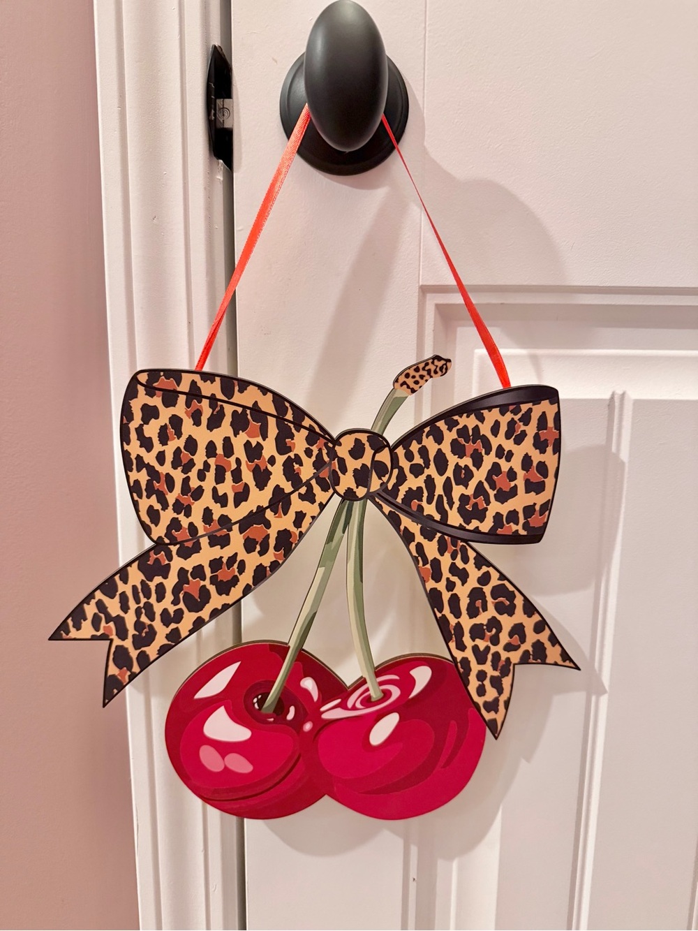 Leopard Bow Cherry Wood Hanging Sign